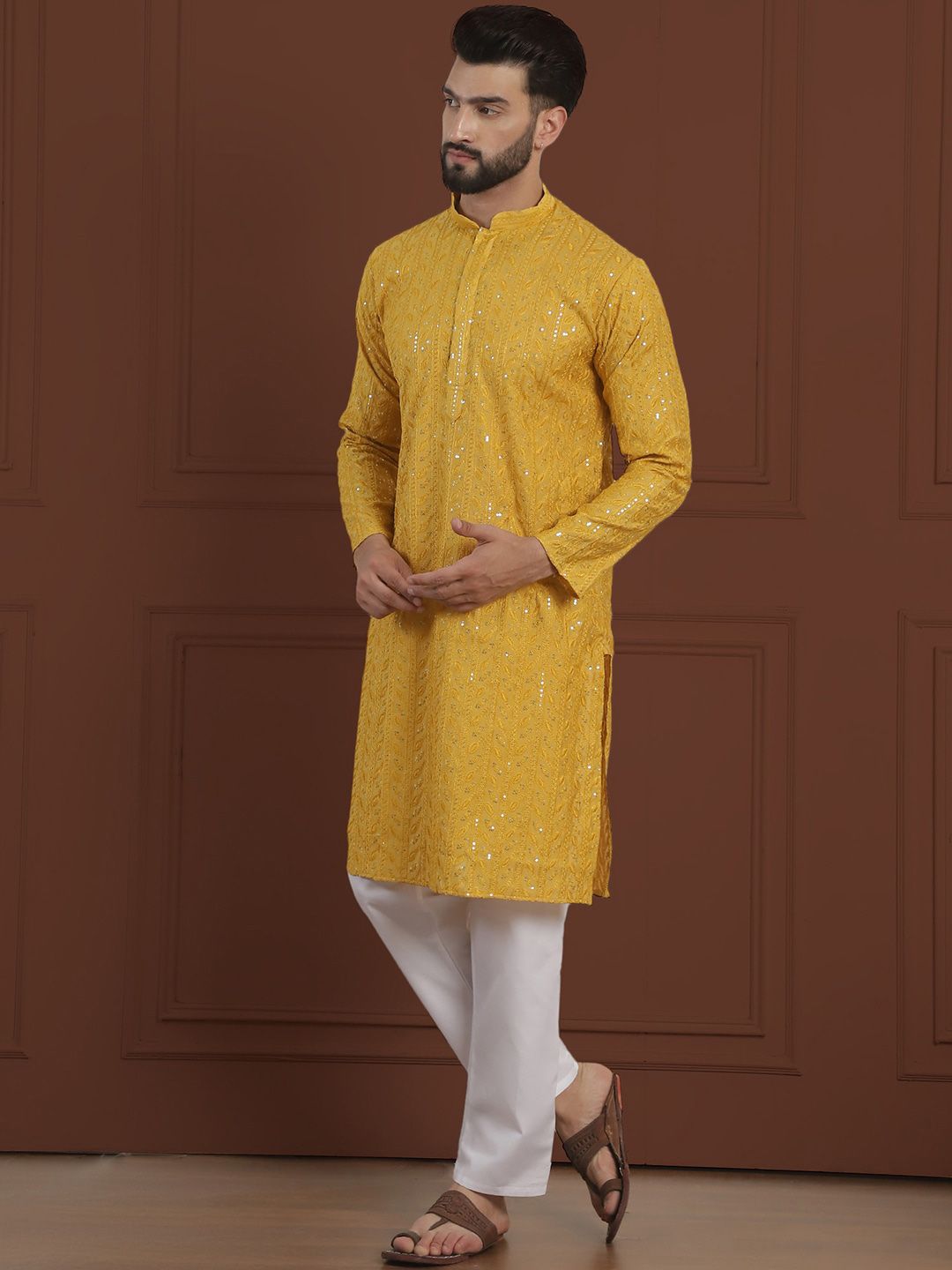 SOJANYA LUXE Motif Etnik Bersulam Kurta Lurus Kolar Mandarin Dengan Pijama
