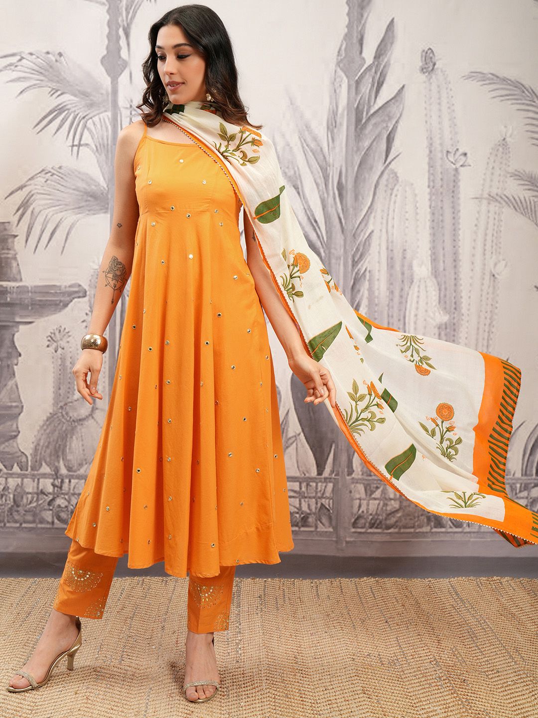 Vishudh Orange & Cream Embroidered Mirror Work Pure Cotton Kurta with Trousers & Dupatta