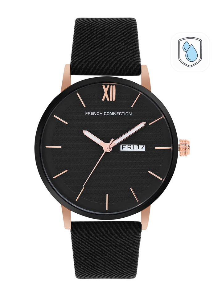 French Connection Men Black Printed Dial & Black Leather Straps Analogue Watch FCN00034B
