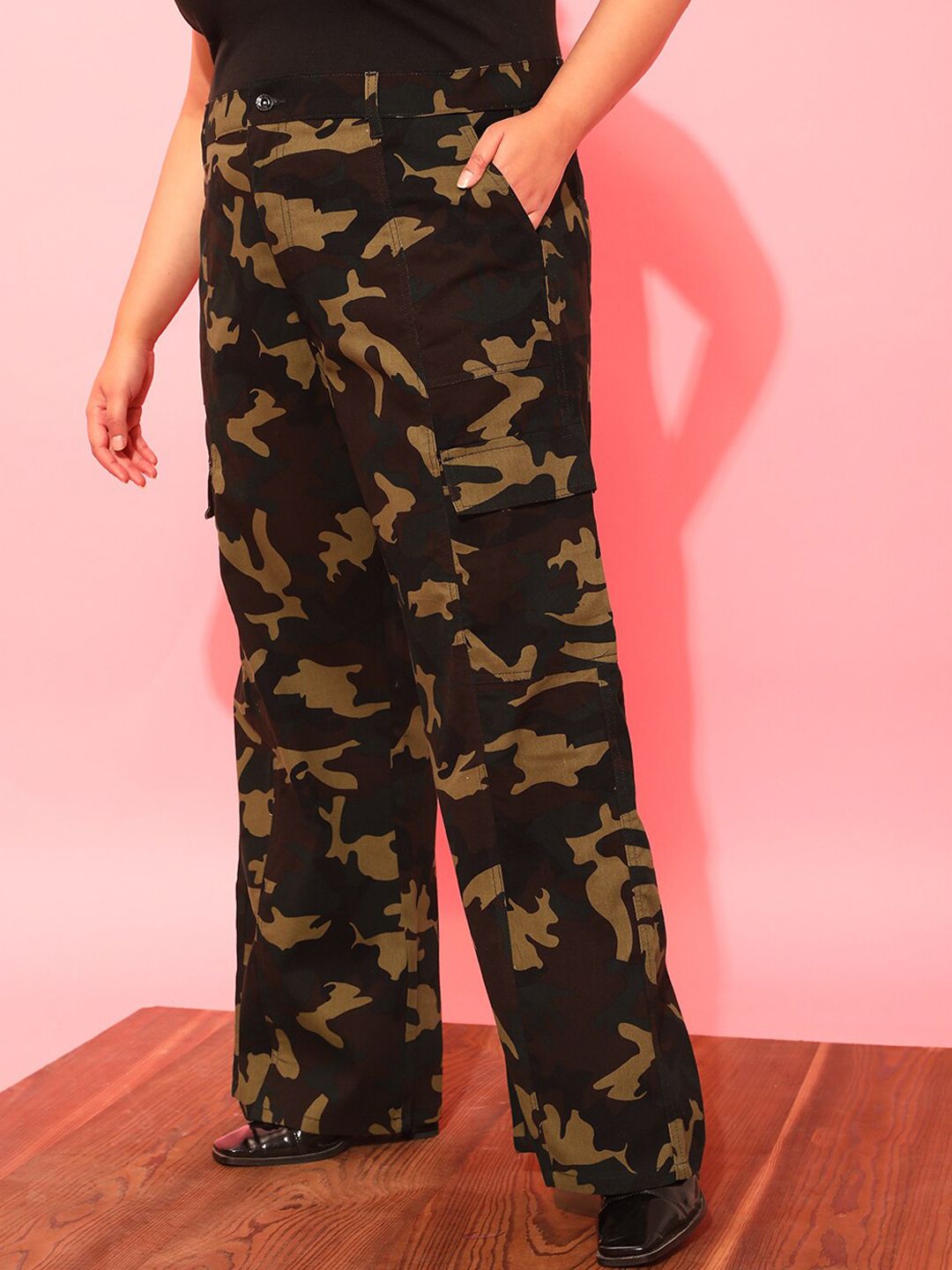 CURVY STREET Women Plus Size Olive Green Printed Relaxed Straight Leg Pure Cotton Trousers