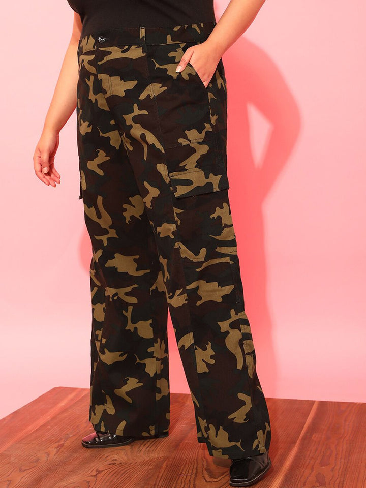 CURVY STREET Women Plus Size Olive Green Printed Relaxed Straight Leg Pure Cotton Trousers