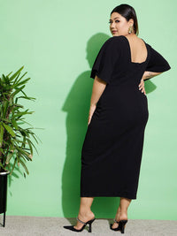 SASSAFRAS Curve Plus Size Square Neck Flutter Sleeves Bodycon Midi Dress