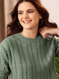 STREET 9 Green Cable Knit Self Design Acrylic Pullover Sweater