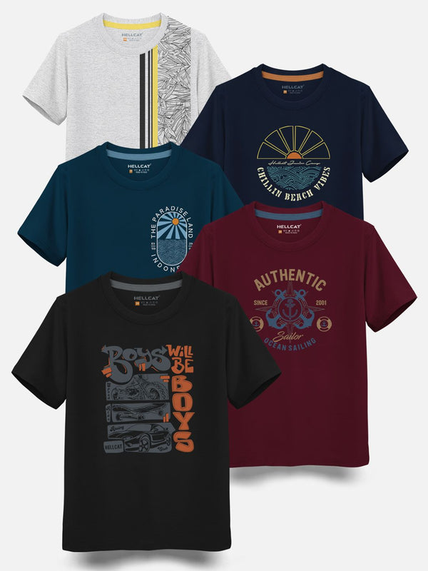 HELLCAT Pack Of 5 Boys Typography Printed Cotton T-shirt