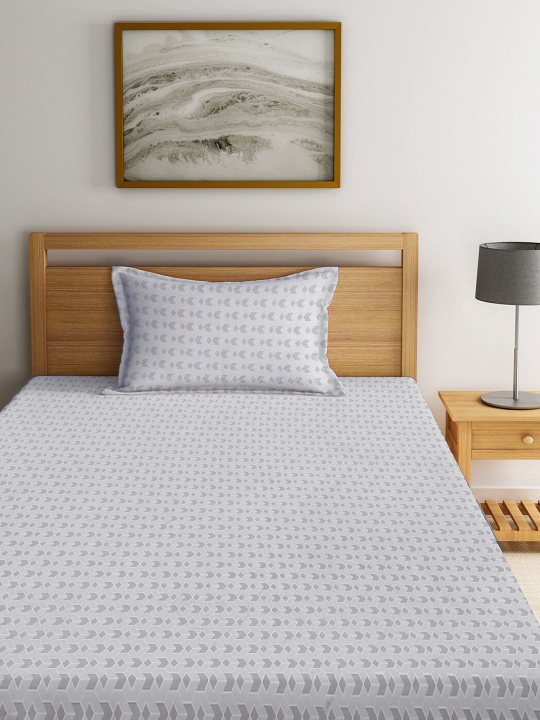 KLOTTHE Grey Geometric Cotton 300 TC Single Fine Bedsheet with a Pillow Cover-87 x 59 inches
