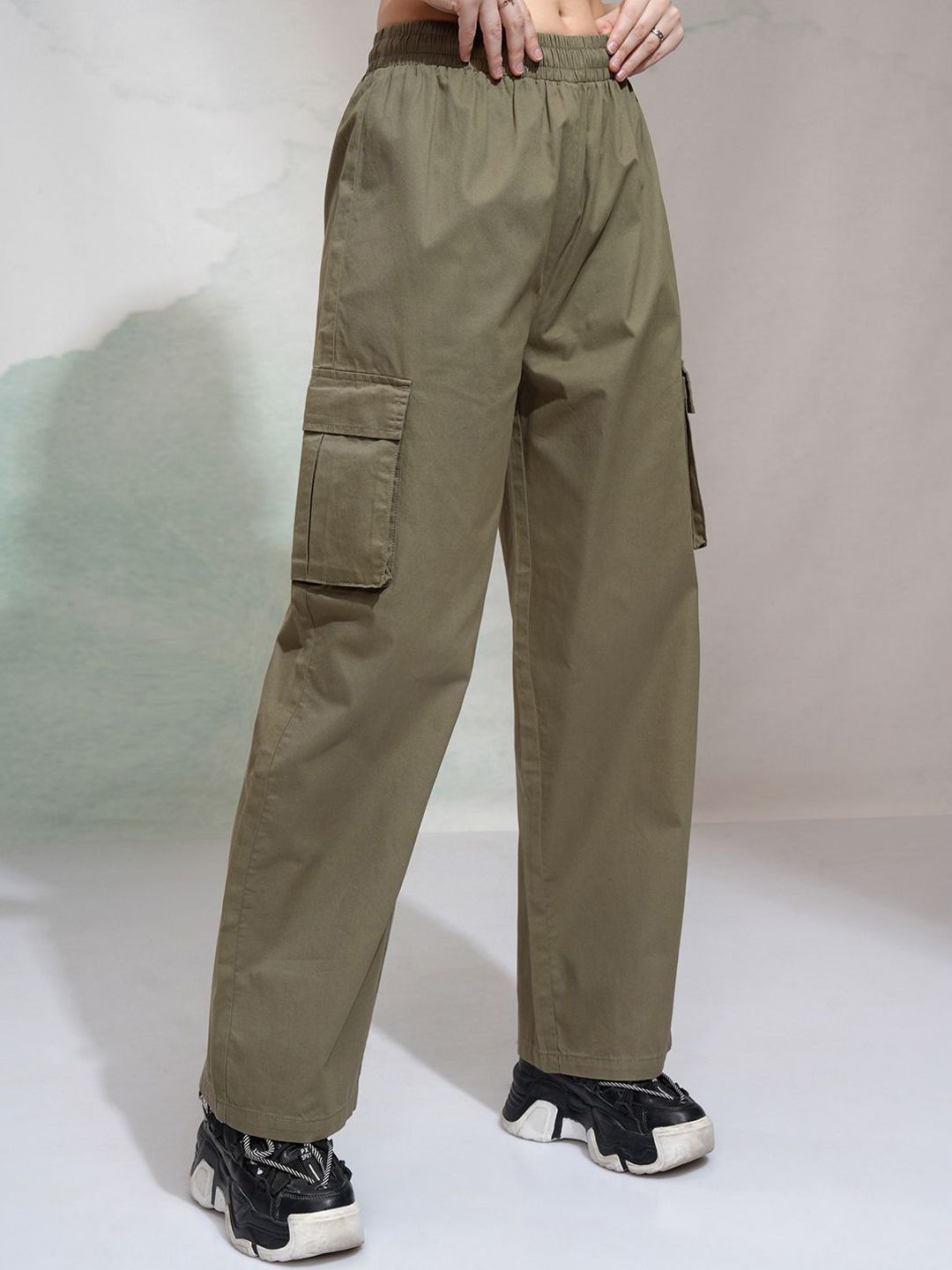 Street By Tokyo Talkies Women Straight Fit High-Rise  Cargos Parachute Trousers