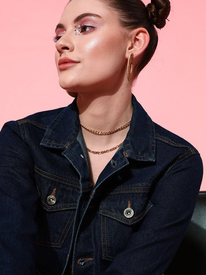 STREET 9 Women Blue Solid Crop Denim Jacket