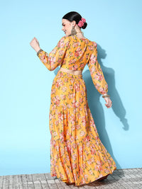 Shae by SASSAFRAS Women Yellow & Green Printed Ready to Wear Lehenga Choli