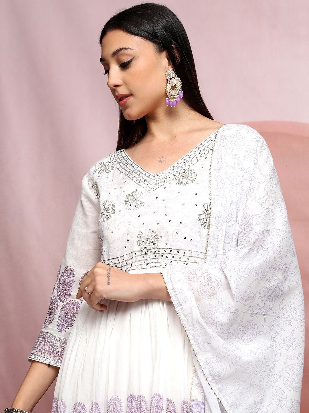 Vishudh Ethnic Motifs Embroidered Pure Cotton Anarkali Kurta & Trousers With Dupatta