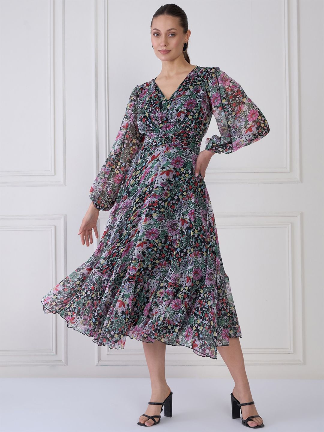 Antheaa Floral Print Chiffon Midi Fit and Flare Dress