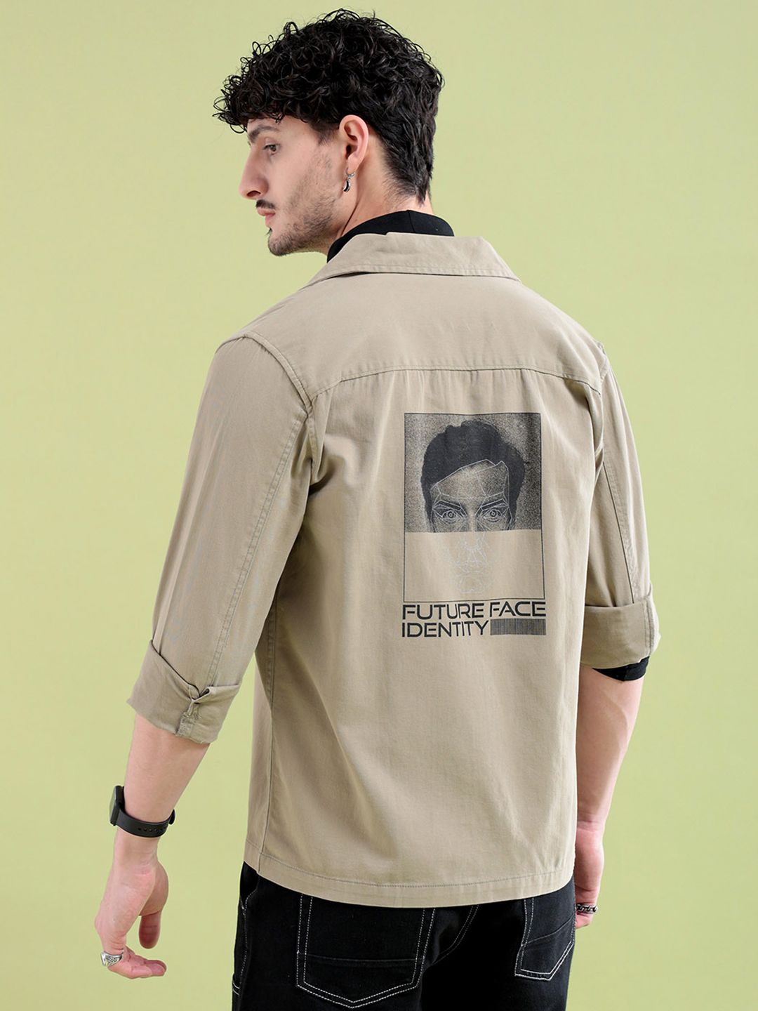 The Indian Garage Co Men Khaki & Black Typography Print Back Slim Fit Cotton Casual Shirt