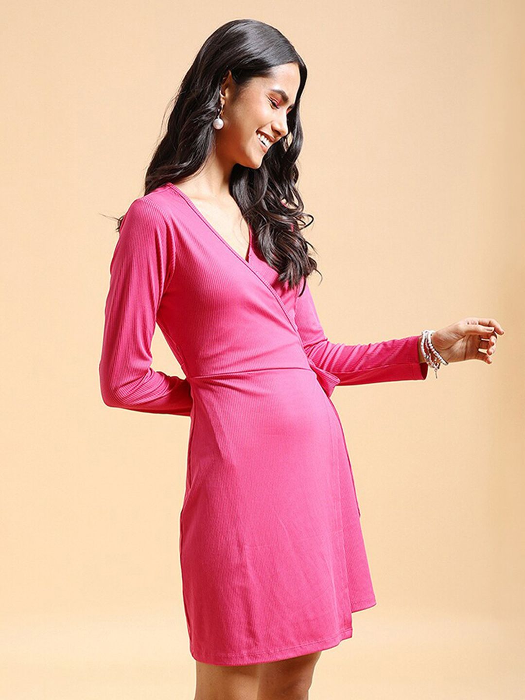Tokyo Talkies Pink V-Neck Tie Detail Front Wrap Style Mini Dress