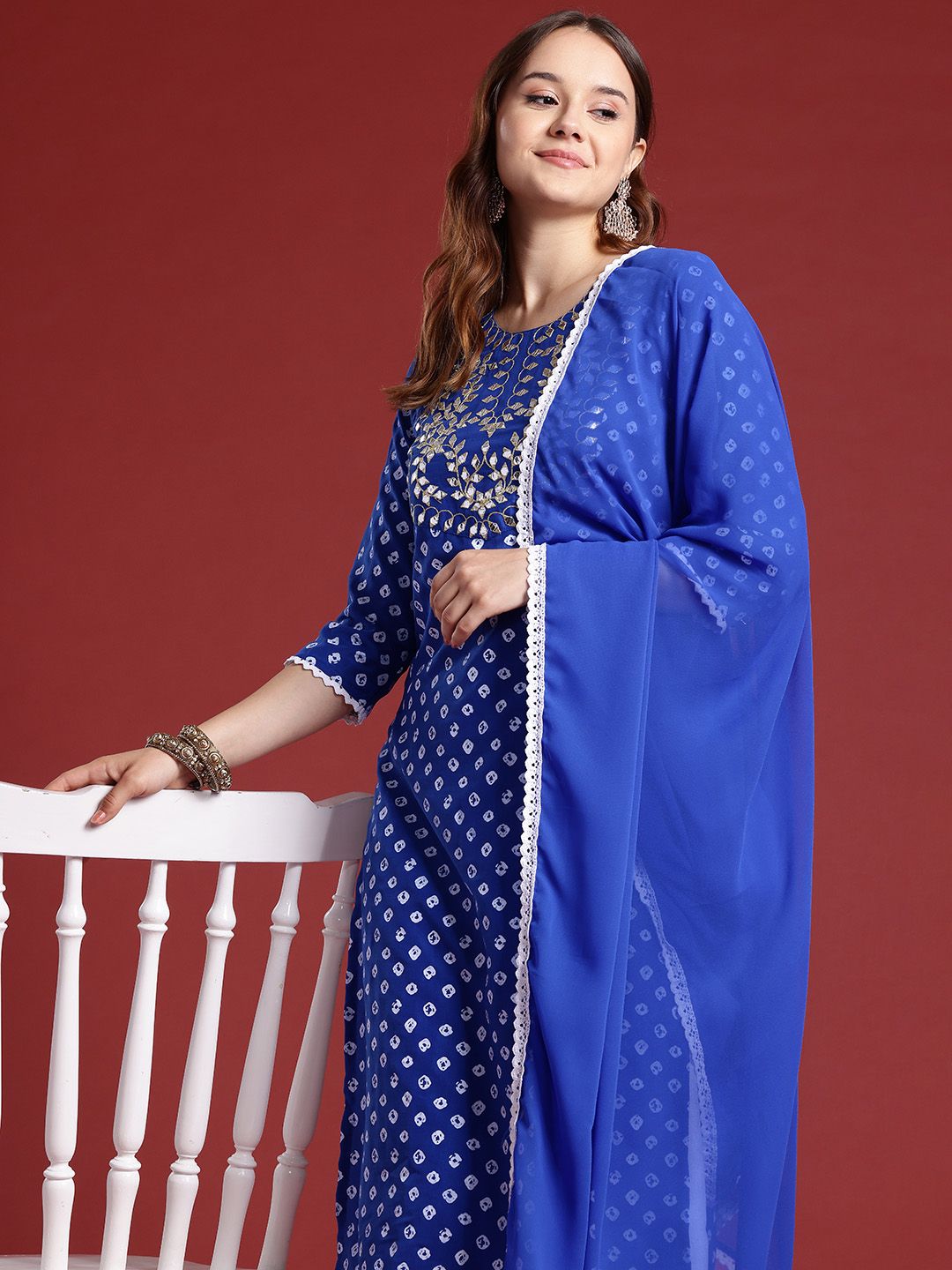 Anouk Bandhani Printed Mirror Work Embellished Kurta Set