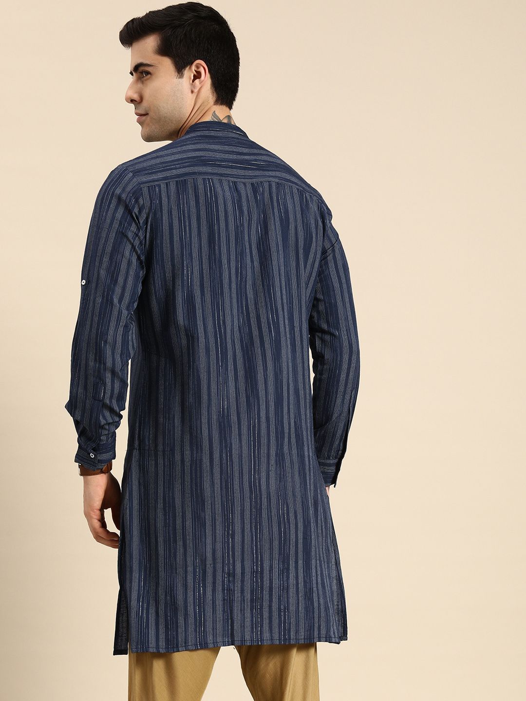 Anouk Men Navy Blue & Gold-Toned Striped Mandarin-Collar Indigo Kurta