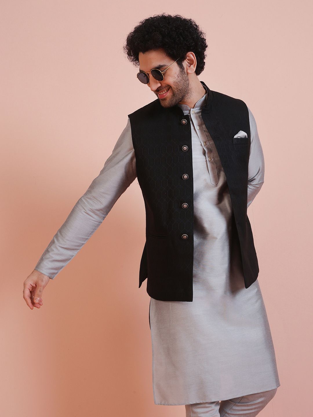 KISAH Men Woven Jacquard Regular Fit Ethnic Motifs Nehru Jacket