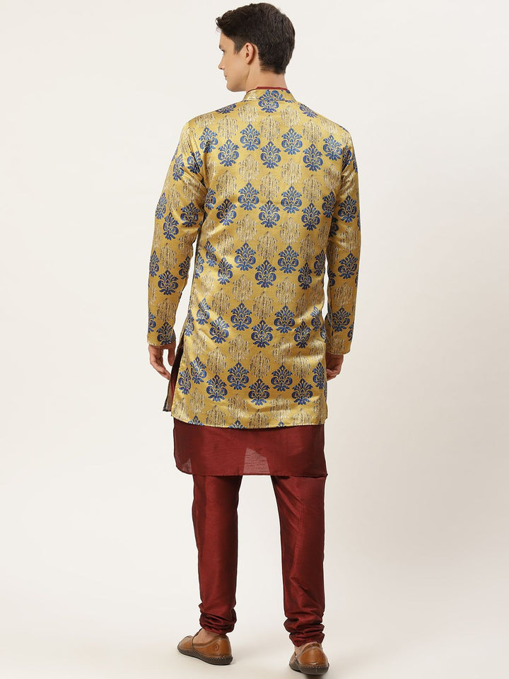 SOJANYA Men Maroon & Golden Solid Kurta with Churidar & Ethnic Jacket