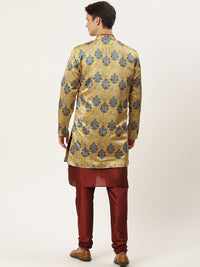SOJANYA Men Maroon & Golden Solid Kurta with Churidar & Ethnic Jacket