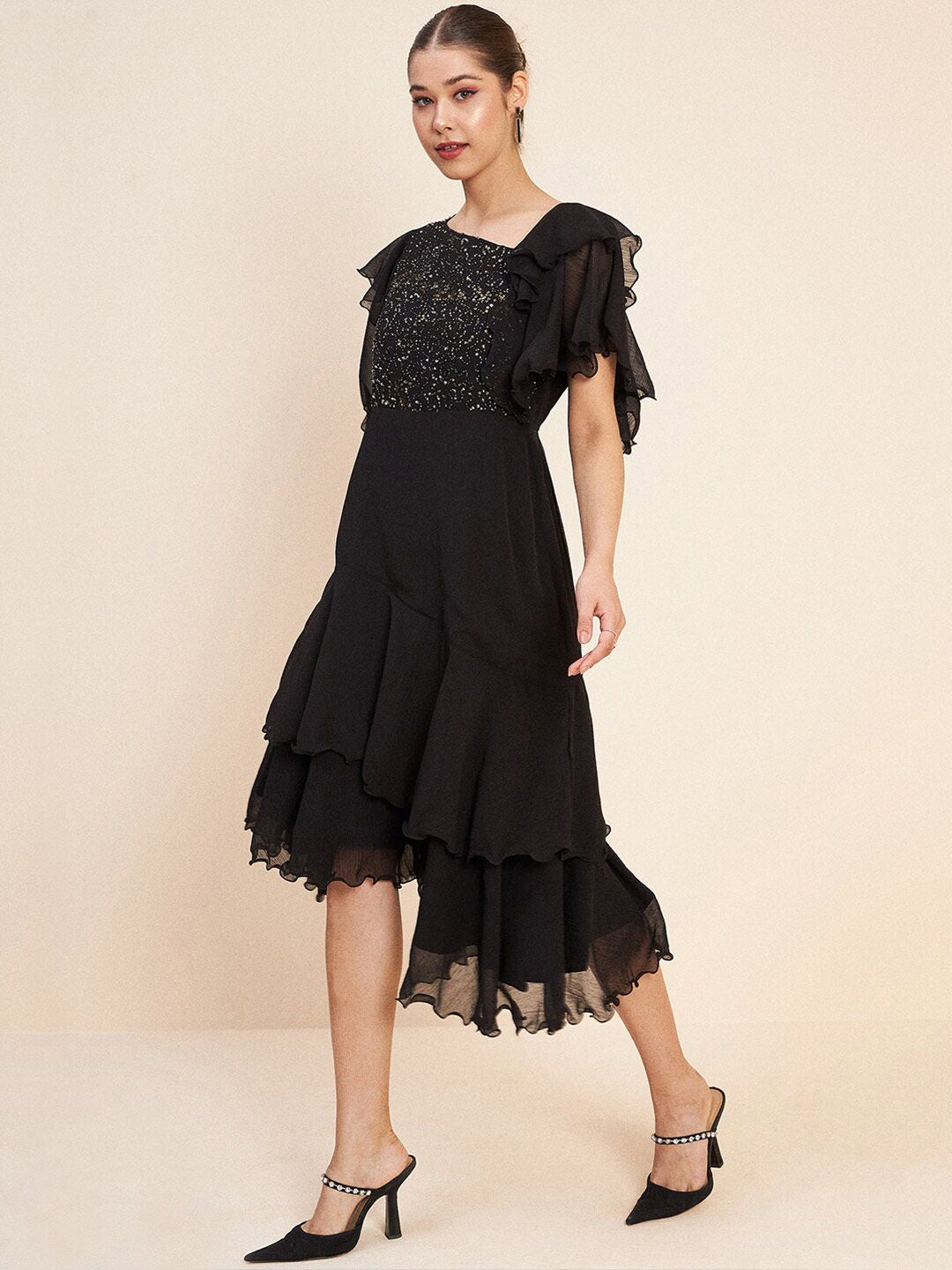 Antheaa Black V-Neck Flutter Sleeve Embellished Detail Fit & Flare Dress