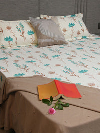 URBAN SPACE White Printed 200 TC Fitted Cotton Double King Bedsheet With 2 Pillow Covers