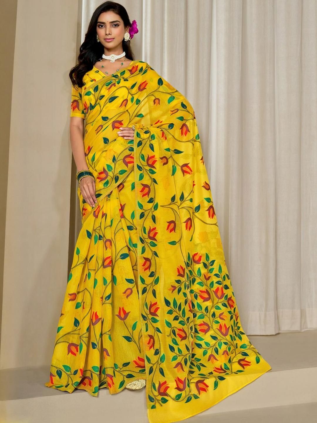 KALINI Yellow Pure Cotton Woven Design Sarees