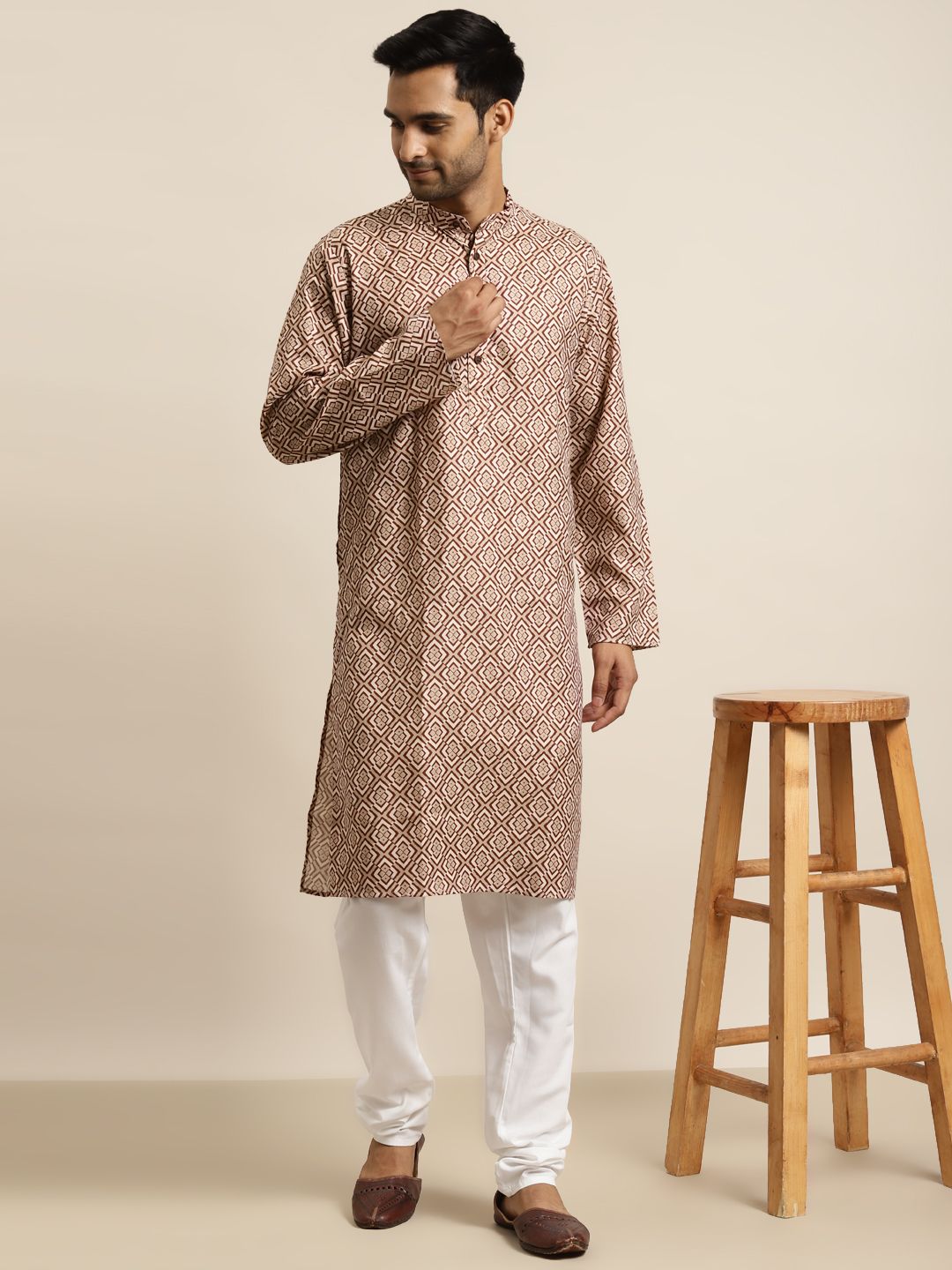 SOJANYA Lelaki Brown & Beige Pure Cotton Geometric Printed Kurta