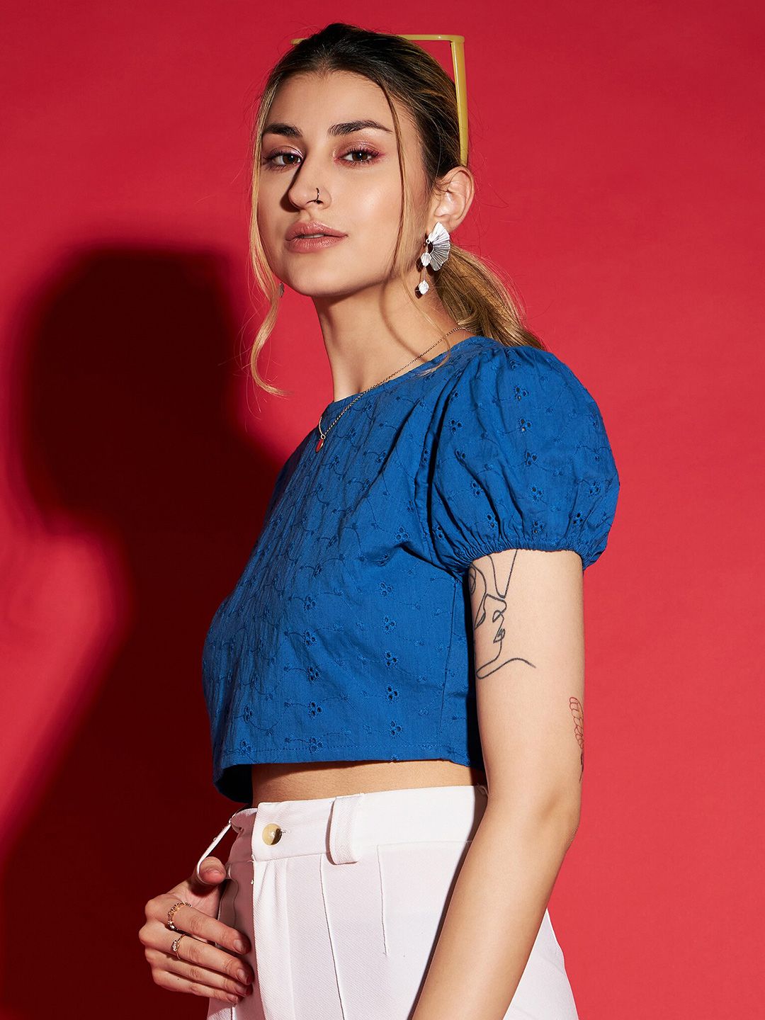 SASSAFRAS Puff Sleeve Cotton Schiffli Crop Top