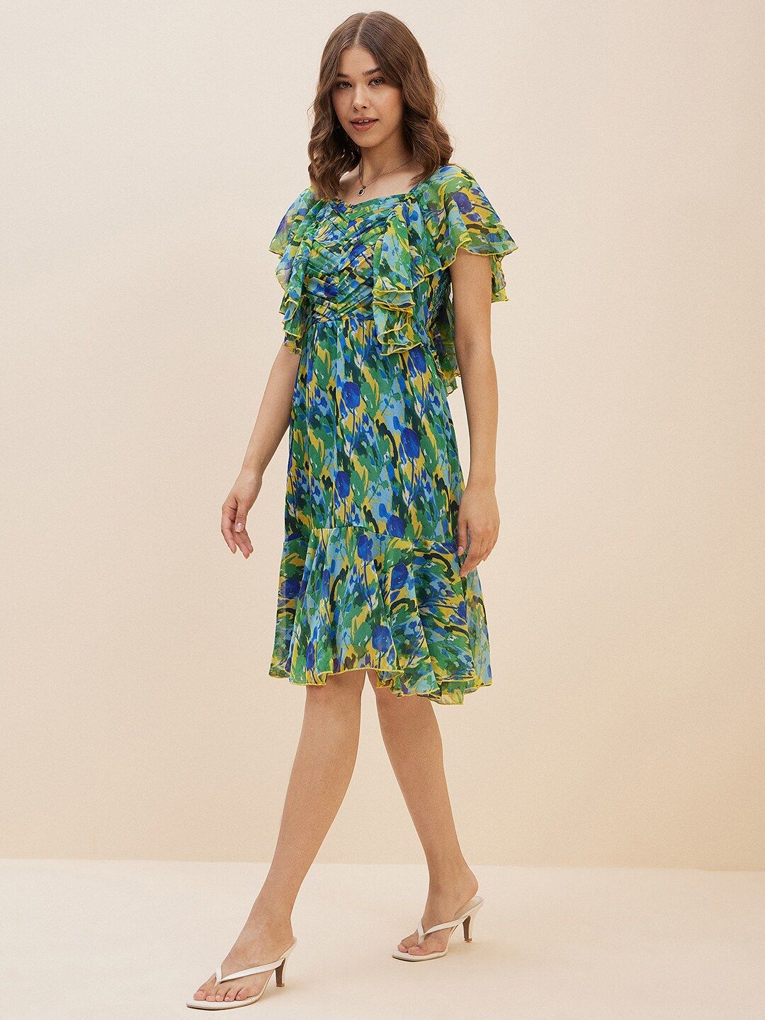 Antheaa Green Floral Print Flutter Sleeve Chiffon Fit & Flare Dress