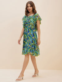 Antheaa Green Floral Print Flutter Sleeve Chiffon Fit & Flare Dress