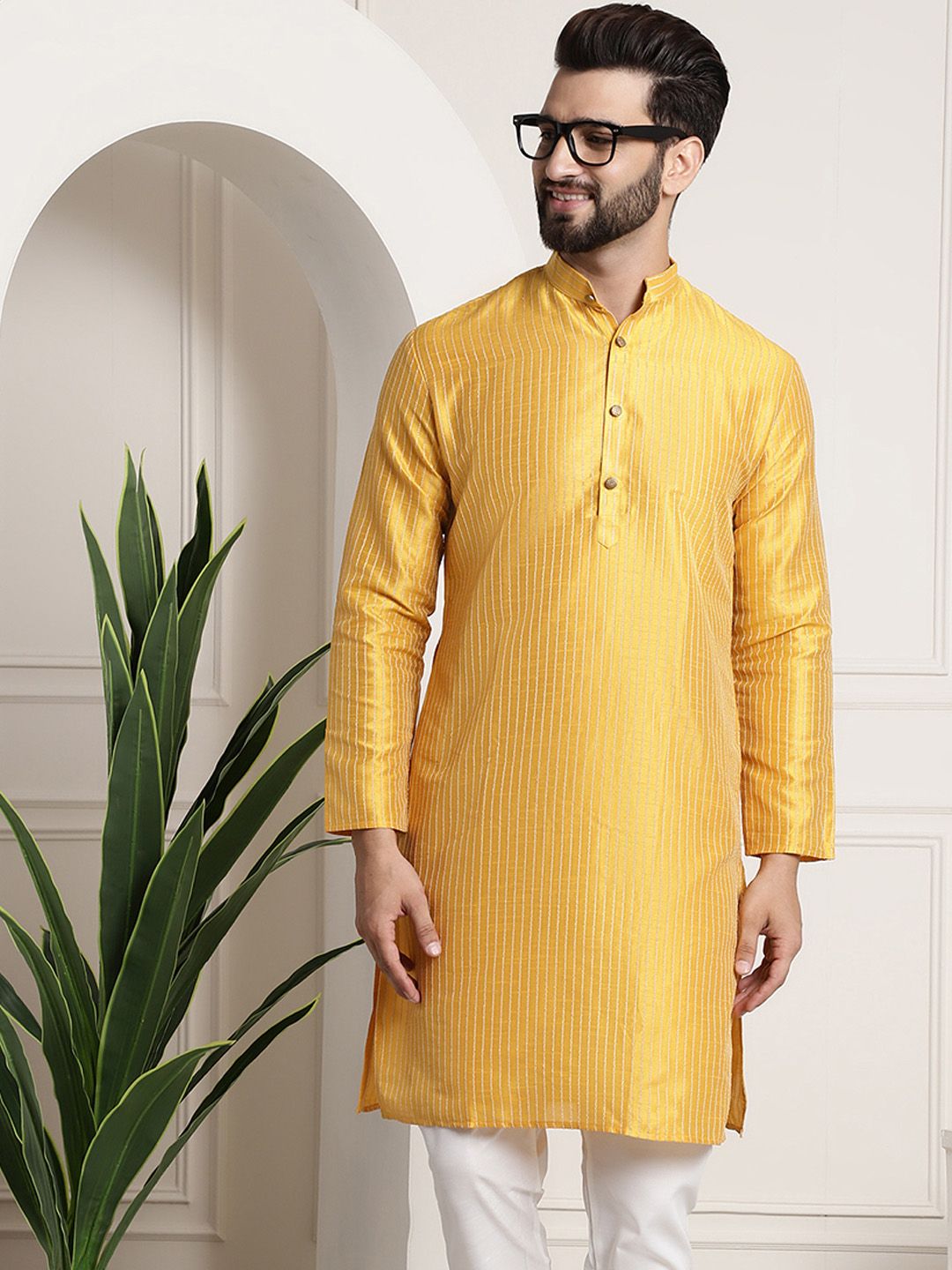 Sojanya Men Mustard Yellow & Golden Embellished Kurta