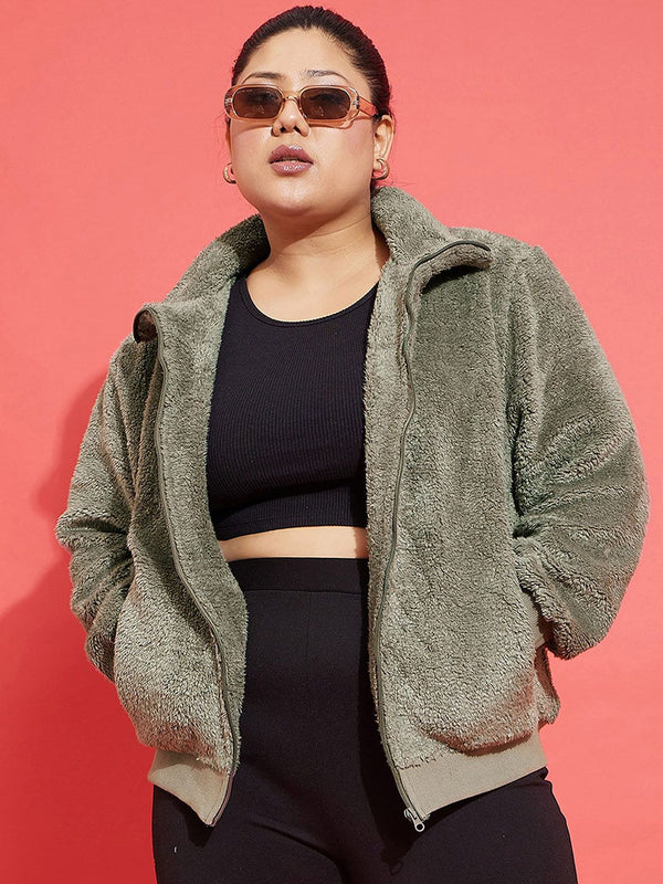 SASSAFRAS Curve Plus Size Grey Self Design Mock Collar Tailored Jacket