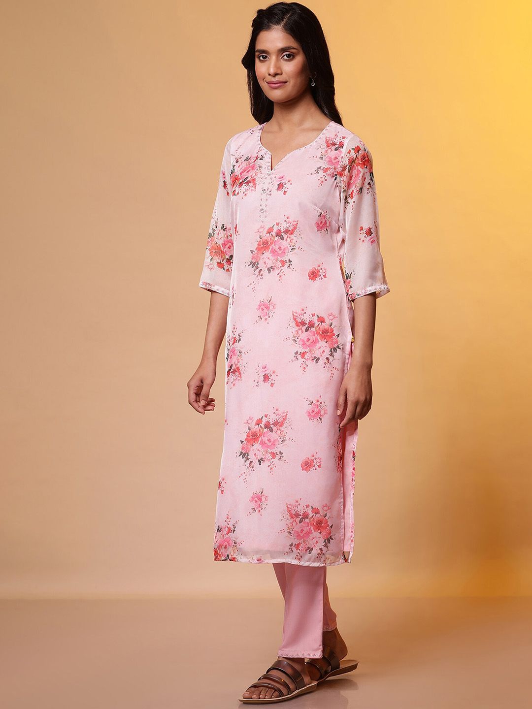 AURELIA Floral Printed Regular Thread Work Straight Kurta with Trousers & Dupatta