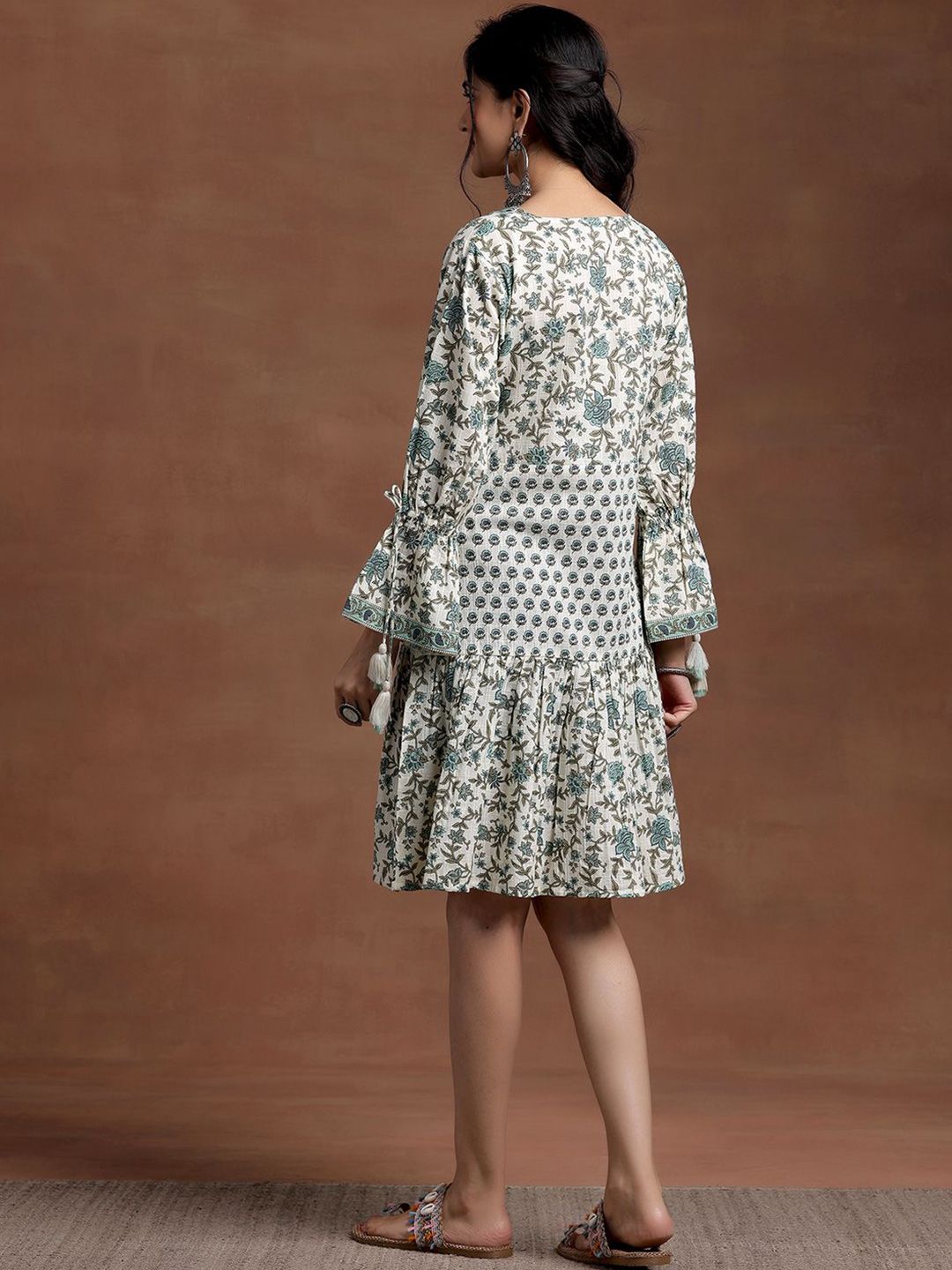 Libas Floral Printed V-Neck Bell Sleeves Cotton A-Line Ethnic Dress