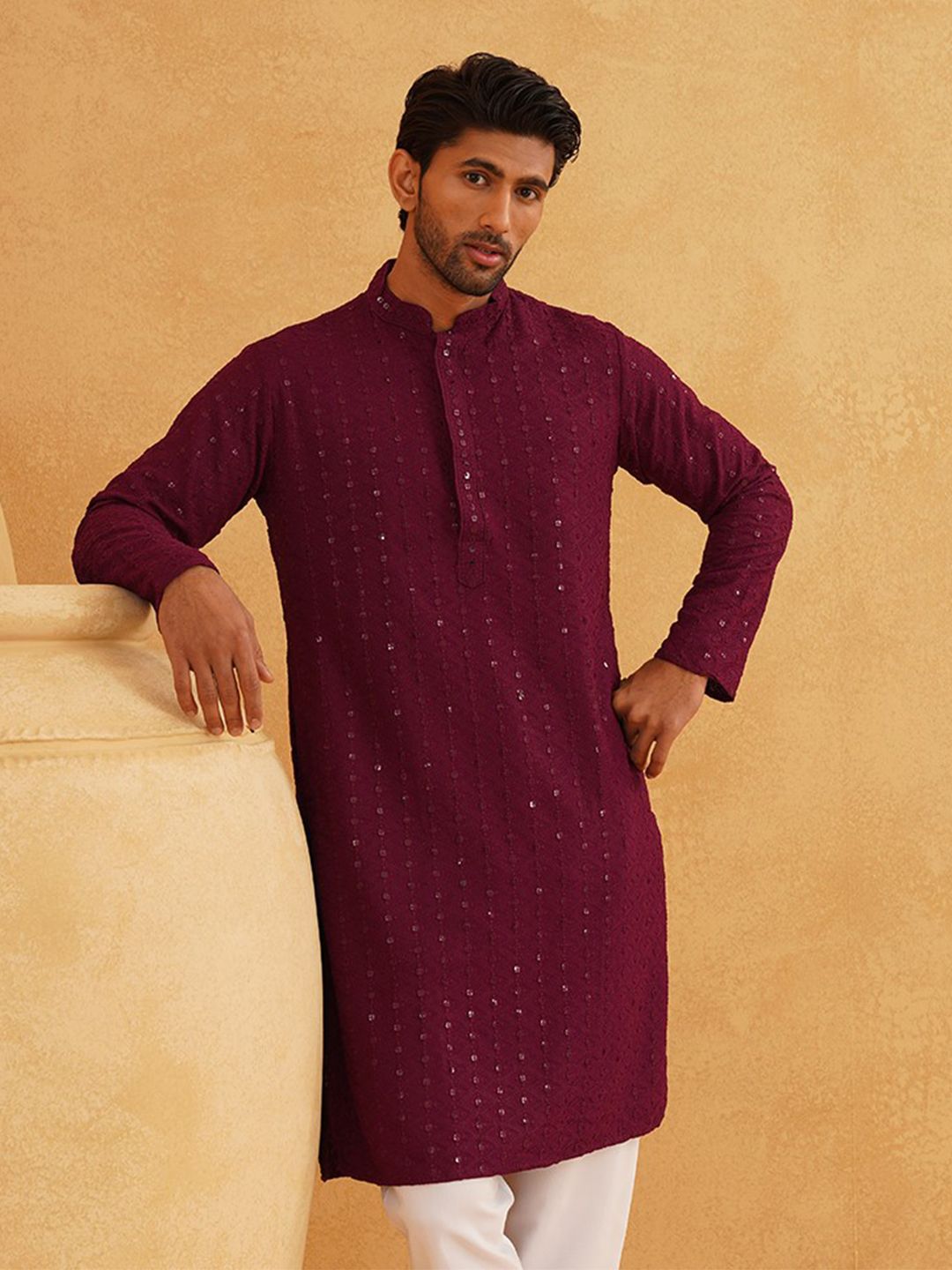 SOJANYA Geometric Embroidered Sequence Mandarin Collar Pure Cotton Kurta