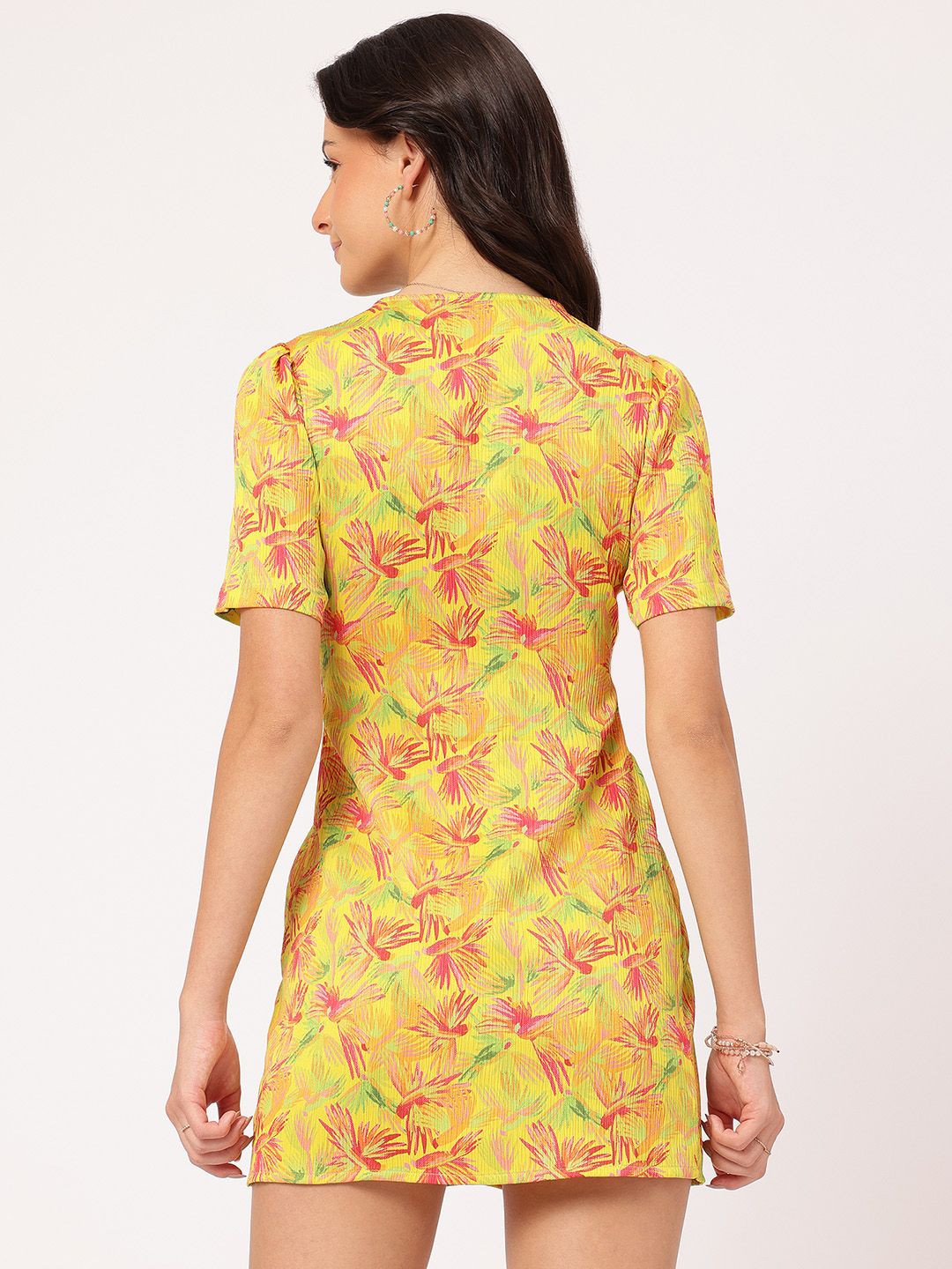DressBerry Floral Frenzy Pleated Textured Mini Dress
