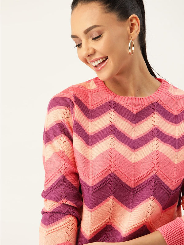 DressBerry Women Peach-Coloured & Purple Chevron Striped Pullover