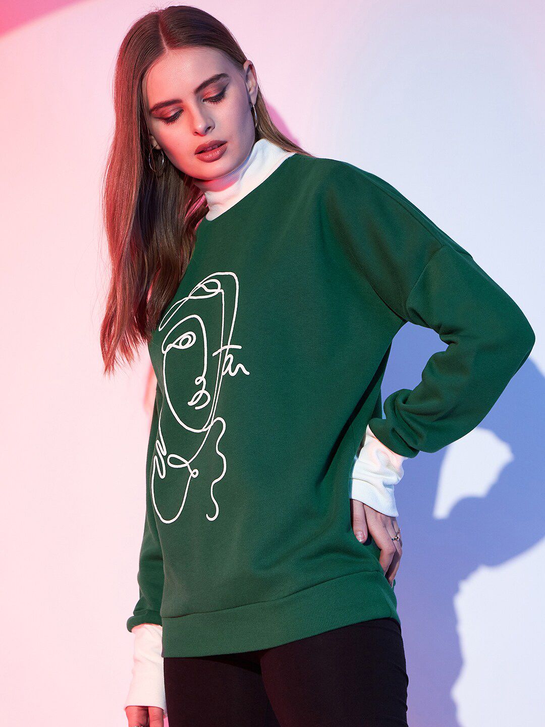 STREET 9 Green & White Graphic Printed Fleece Pullover Sweatshirt
