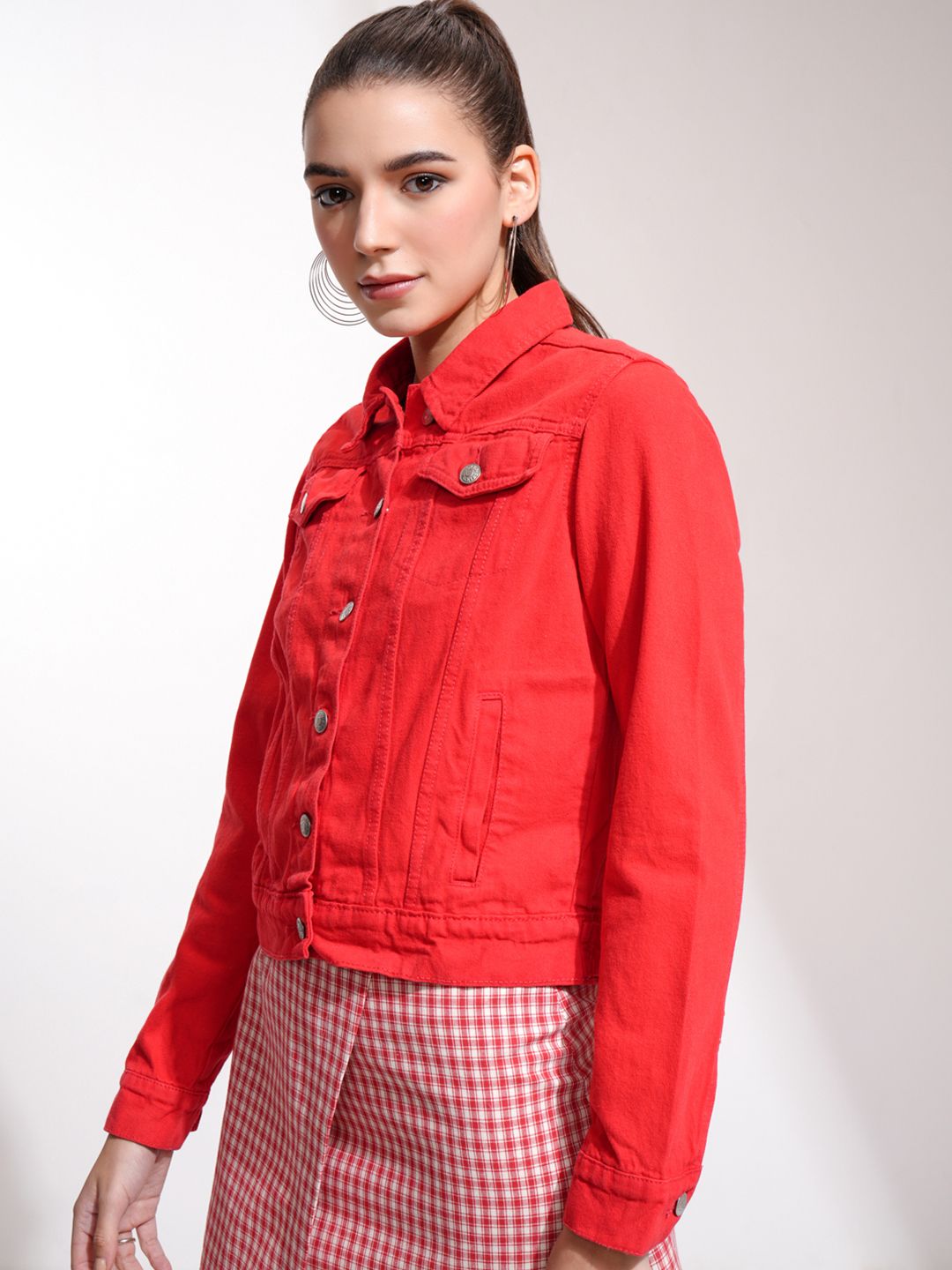 Tokyo Talkies Women Red Solid Denim Jacket