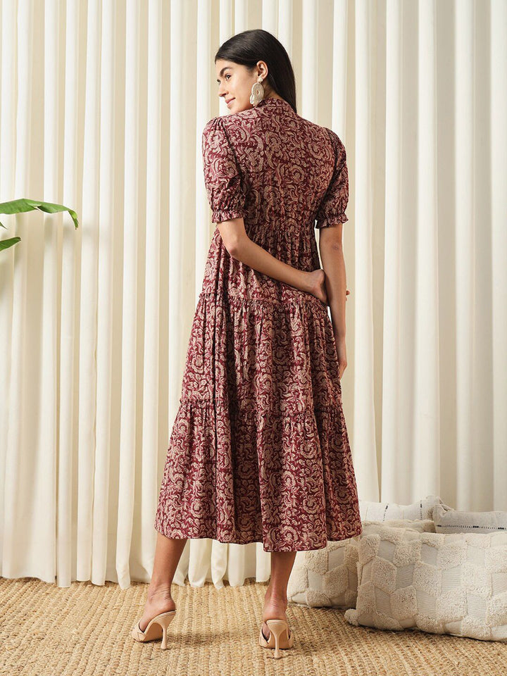 KALINI Floral Printed Mandarin Collar Puff Sleeves Cotton Fit and Flare Dress