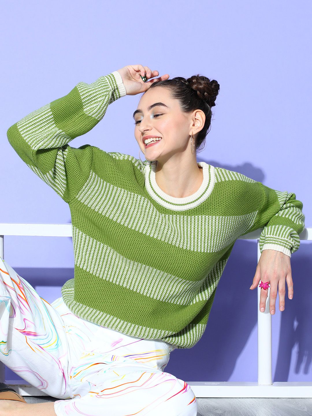 Berrylush Women Green Striped Knits Bits Sweater