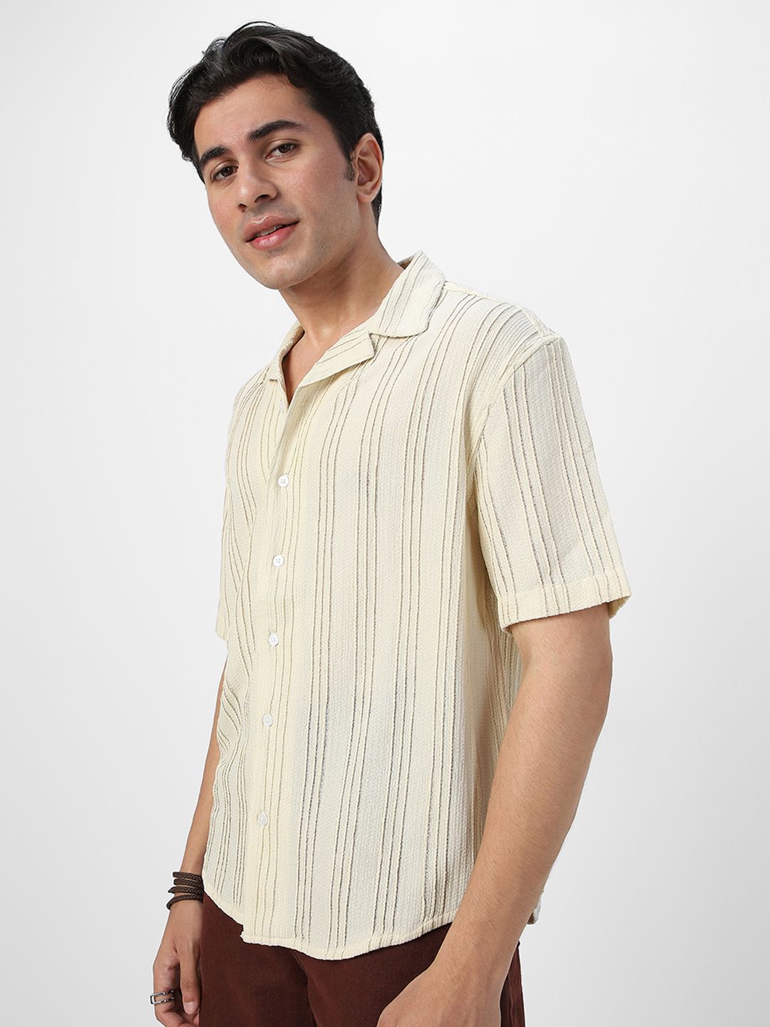 Urbano Fashion Oversized Fit Self Design Cuban Collar Cotton Casual Shirt