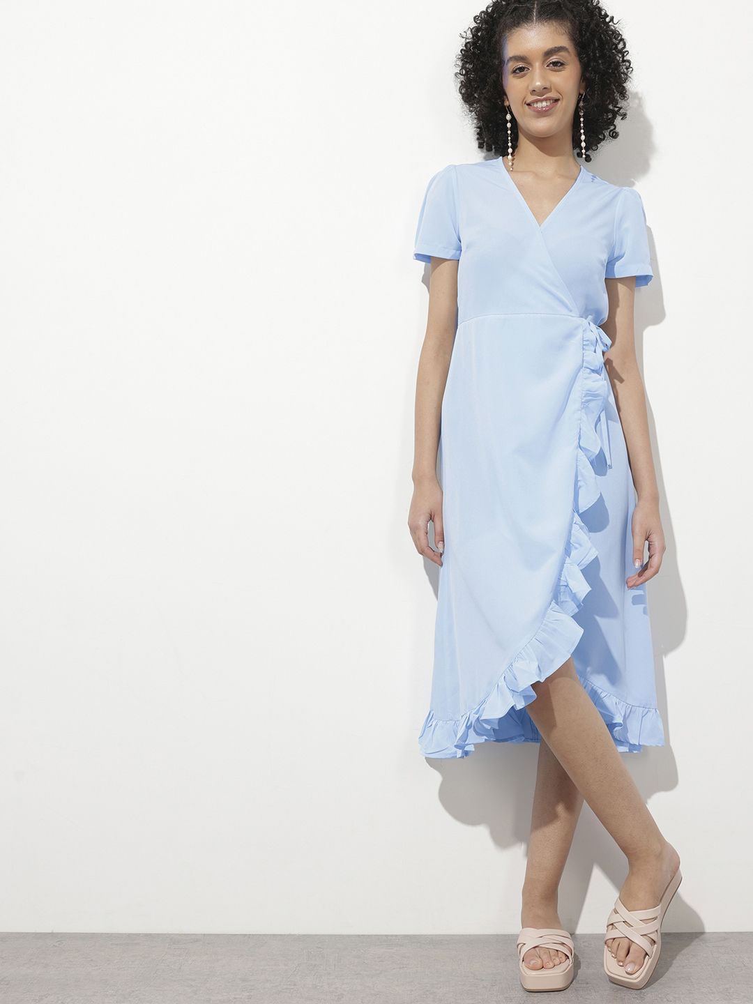 DressBerry Powder Blue Romantic Remix Ruffle Wrap Midi Dress