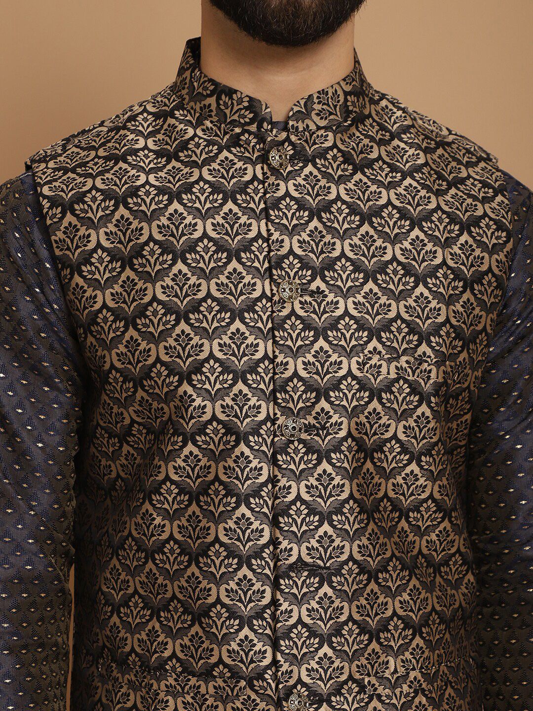 Anouk Navy Blue Ethnic Motifs Woven Design Straight Kurta With Churidar & Nehru Jacket