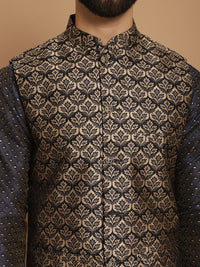 Anouk Navy Blue Ethnic Motifs Woven Design Straight Kurta With Churidar & Nehru Jacket
