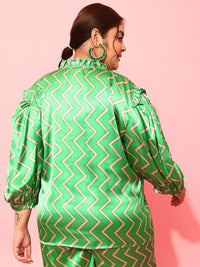 CURVY STREET Plus Size Comfort Fit Geometric Printed Puff Sleeves Satin Shirt