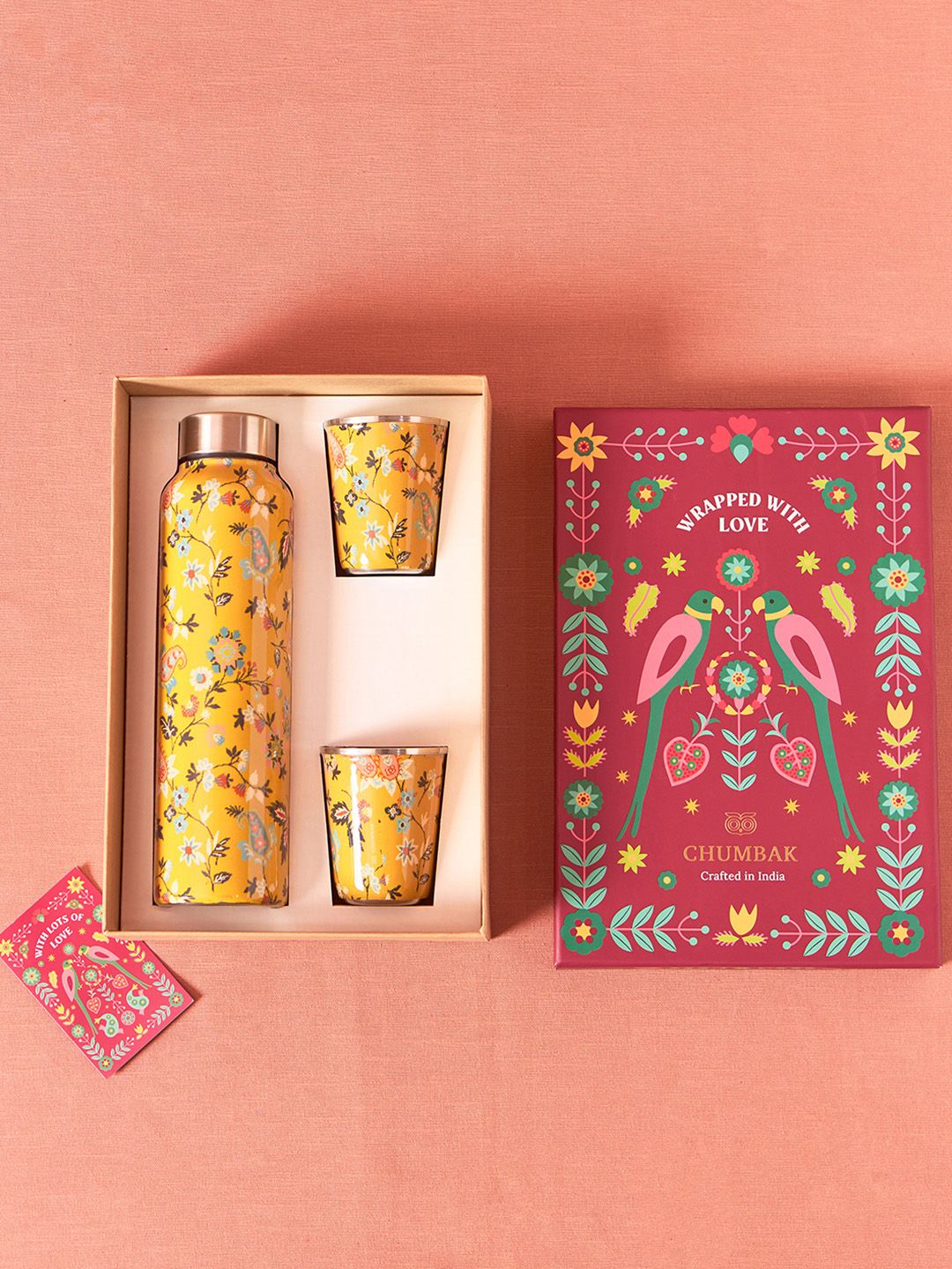 Chumbak Pixel Yellow & Blue 3 Pieces Printed Stainless Steel Drinkware Gift Set - 180 ml