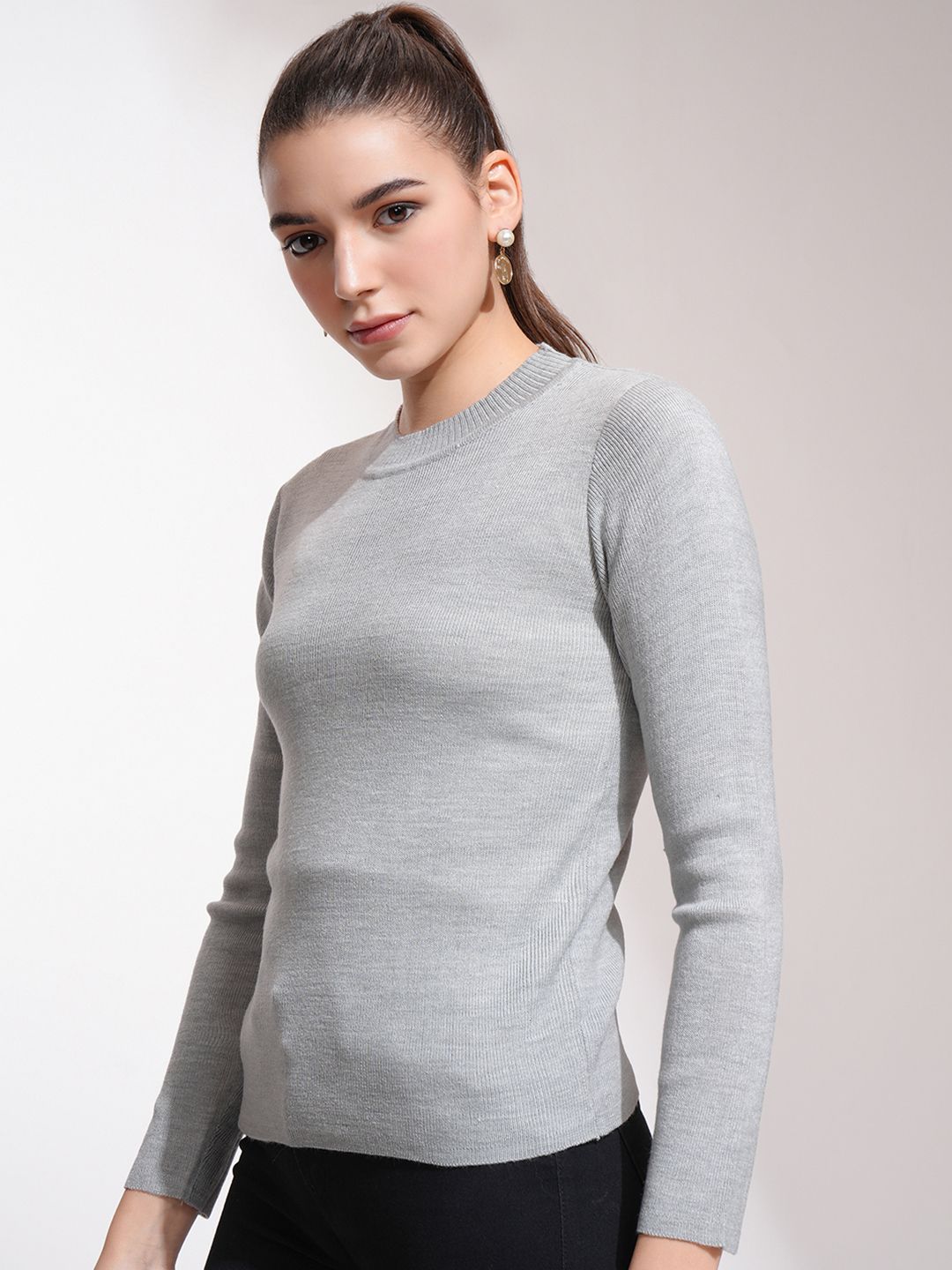 Tokyo Talkies Women Grey Acrylic Pullover