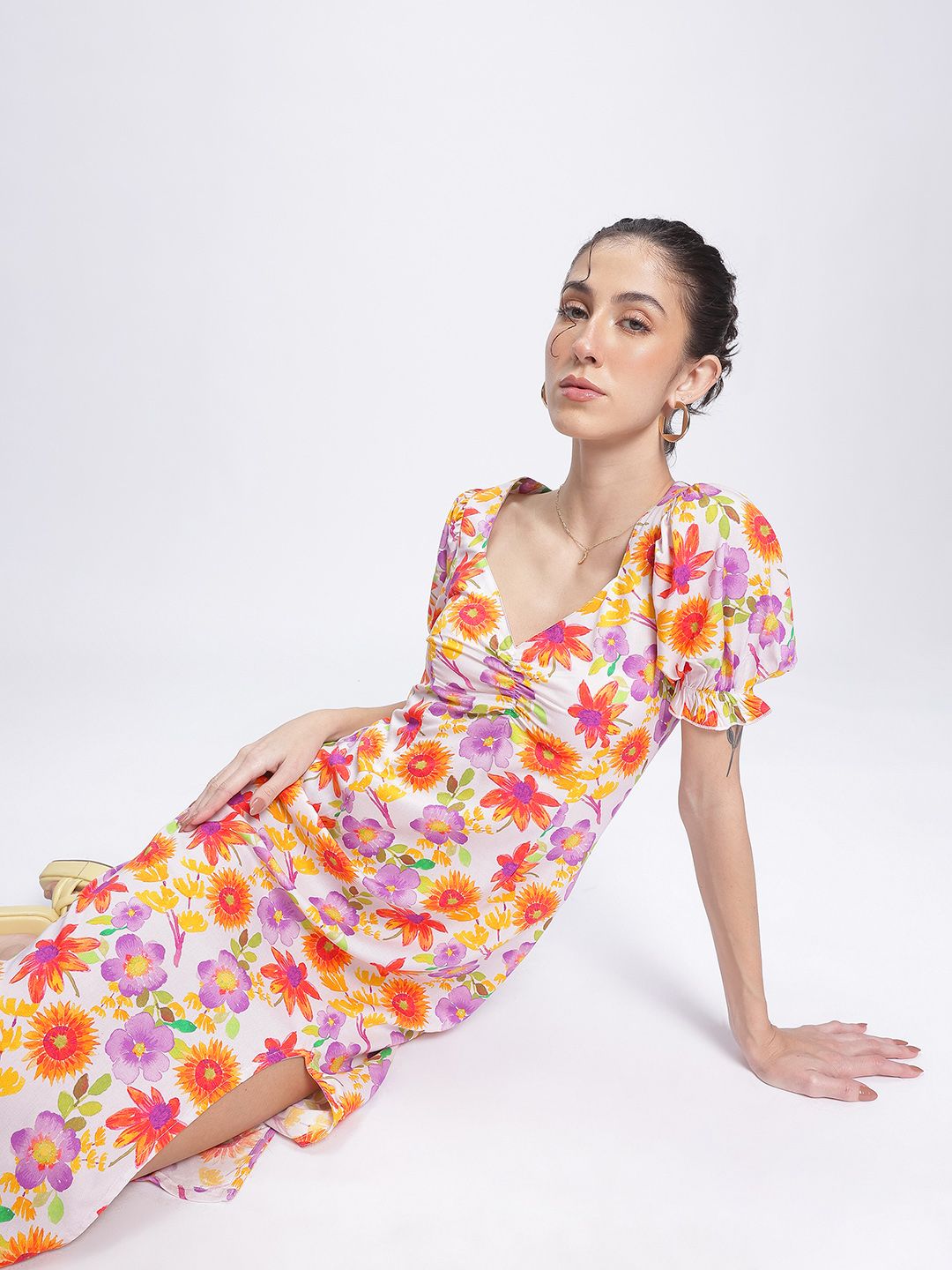 DressBerry Petal Power Ruched Front Slit Floral Sheath Dress