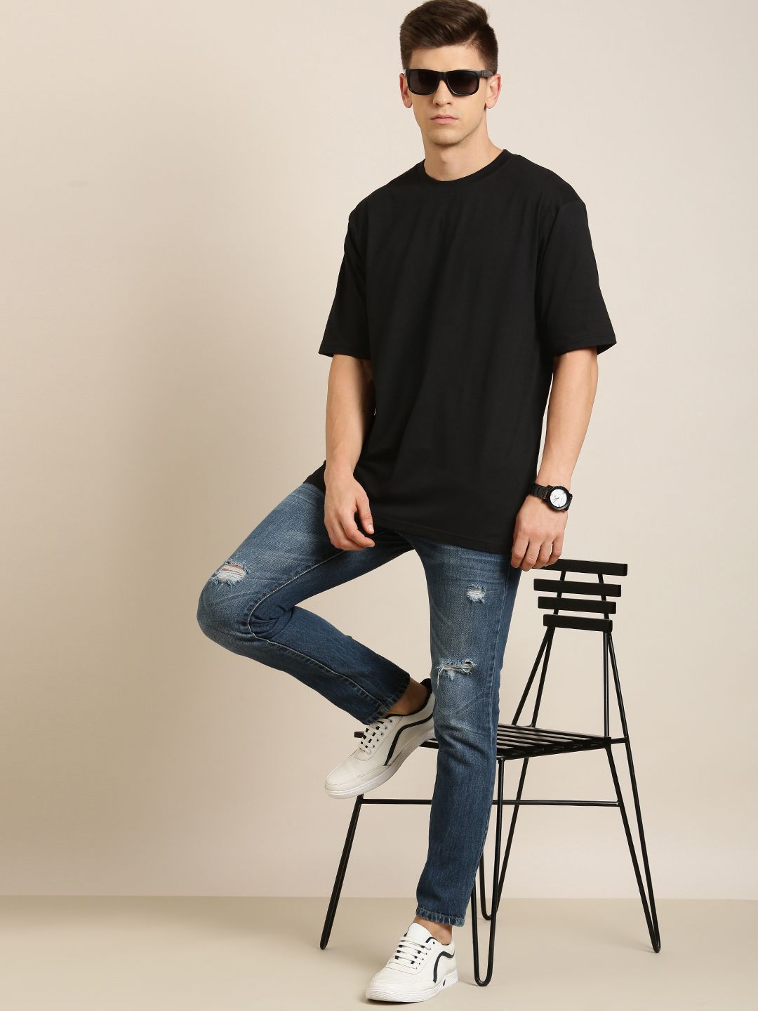 DILLINGER Men Black Solid Pure Cotton Drop-Shoulder Sleeves Oversized Fit T-shirt