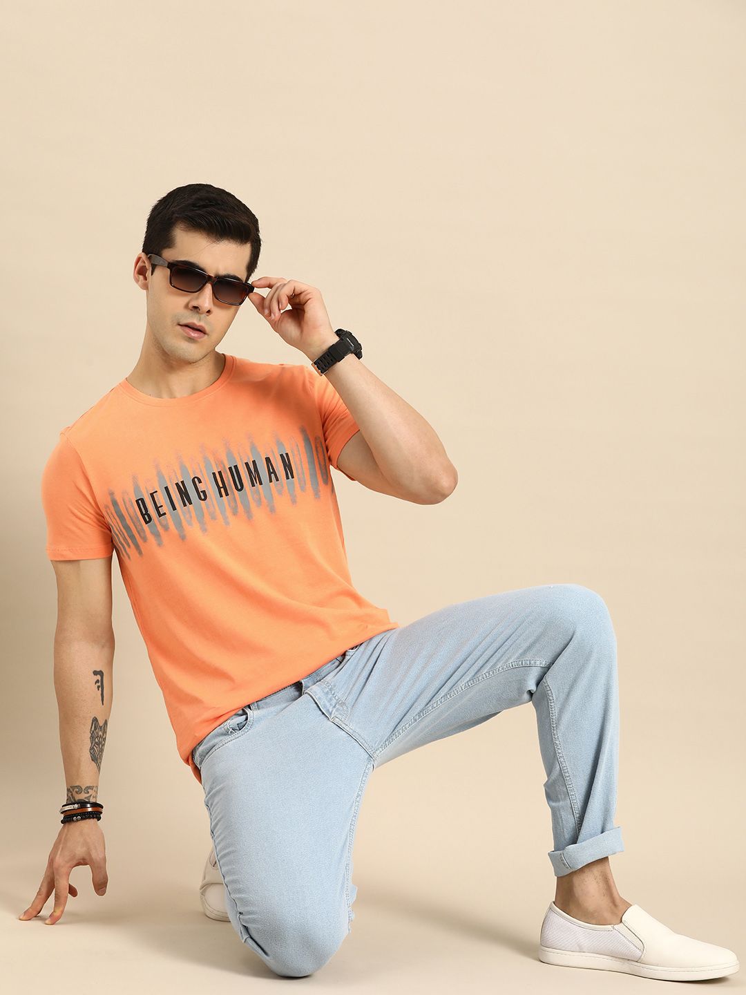 Being Human Men Orange & Black Typography Printed Pure Cotton T-shirt