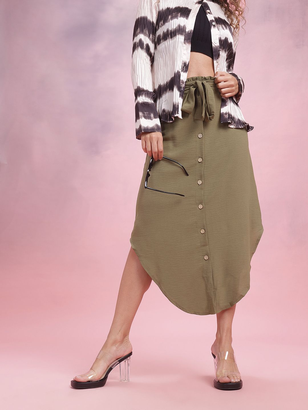 DressBerry Button Detailed A-Line Midi Skirt With Belt